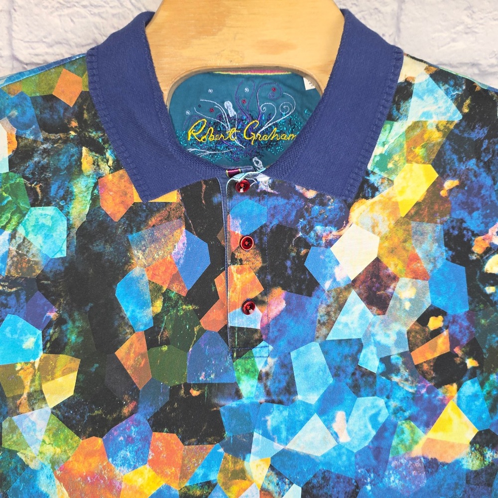 Robert Graham Men Polo Shirt Multicolor Geometric Mosaic Print Size 2XL